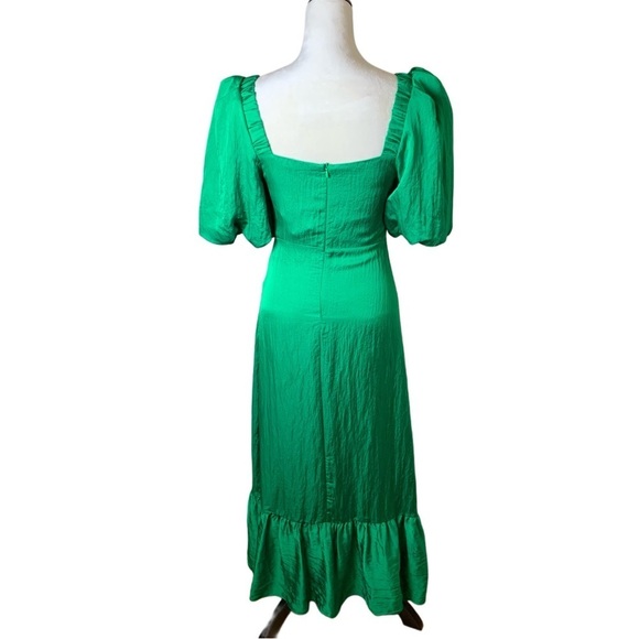 Sandro Falbala Green Puff Sleeve Midi Dress S | Cutout Ruffle Hem Rainbow Jewel - Picture 2 of 11